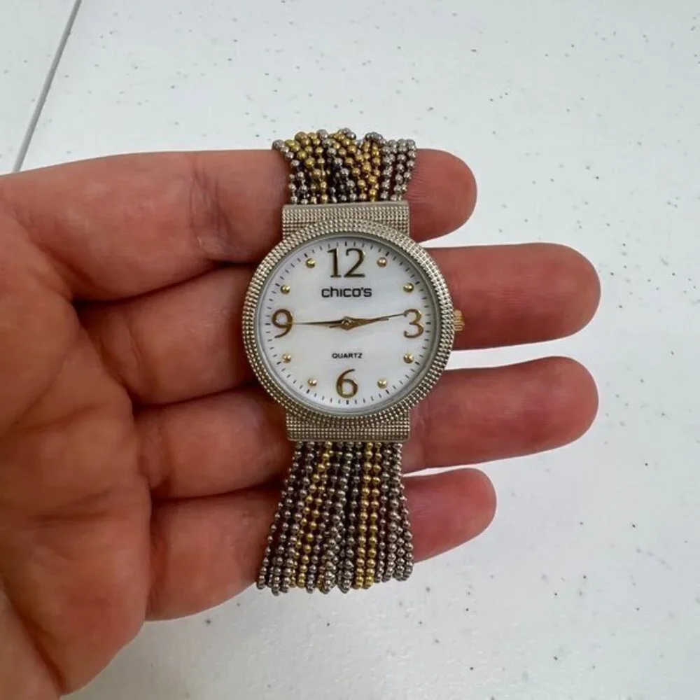 Chicos‎ Watch Chain Multi Strand Mixed Metal Gold Silver Tone Big Face White